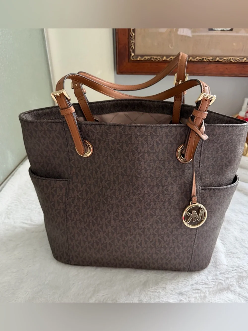 Michael Kors Jet Set Travel Tote – Brown MK Monogram | Gold Hardware